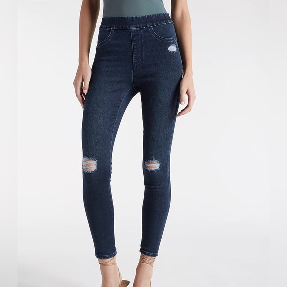 Skinny Jeans Supersoft Medium Dark Distressed Pull-On High-Waisted - Picture 3 of 3